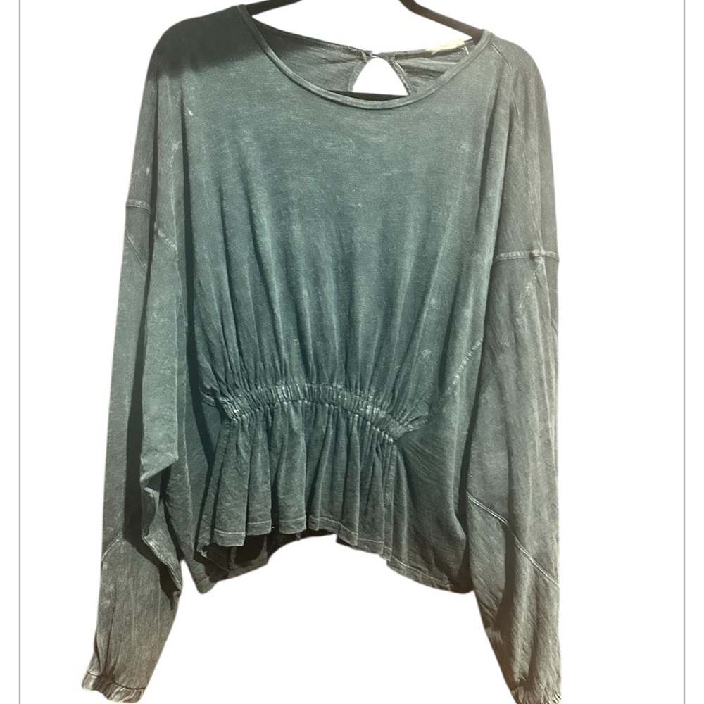 easel Washed Green Long Sleeve Peplum Top